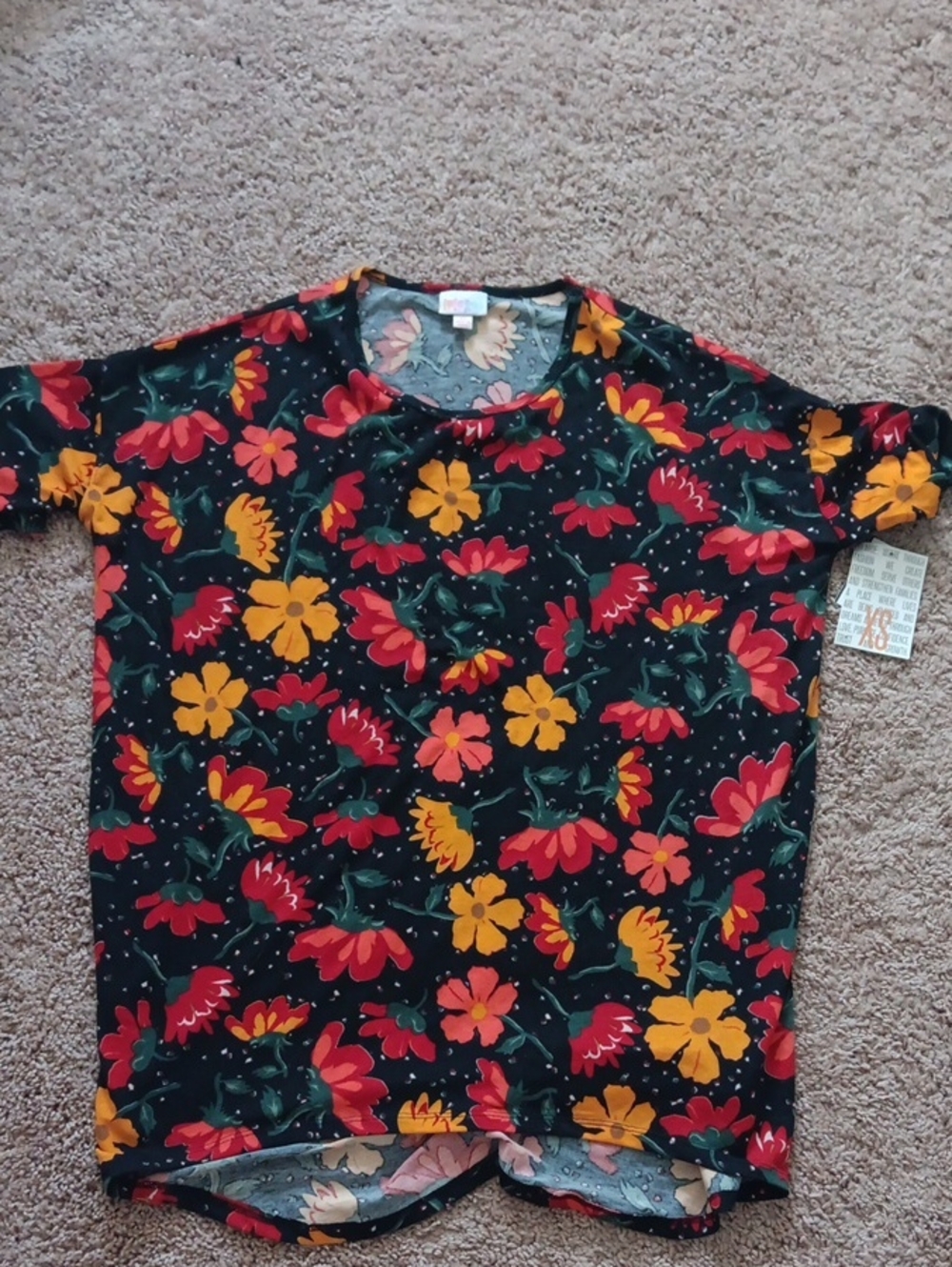 LuLaRoe Black Tee with Red & Mustard Floral Print